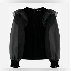 NWOT Zara Velvet blouse with Sheer Puffy Sleeves. Color Black / Size Small